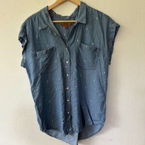 Jachs Girlfriend Chambray Blouse Womens Medium Button Front Collared Palm Trees